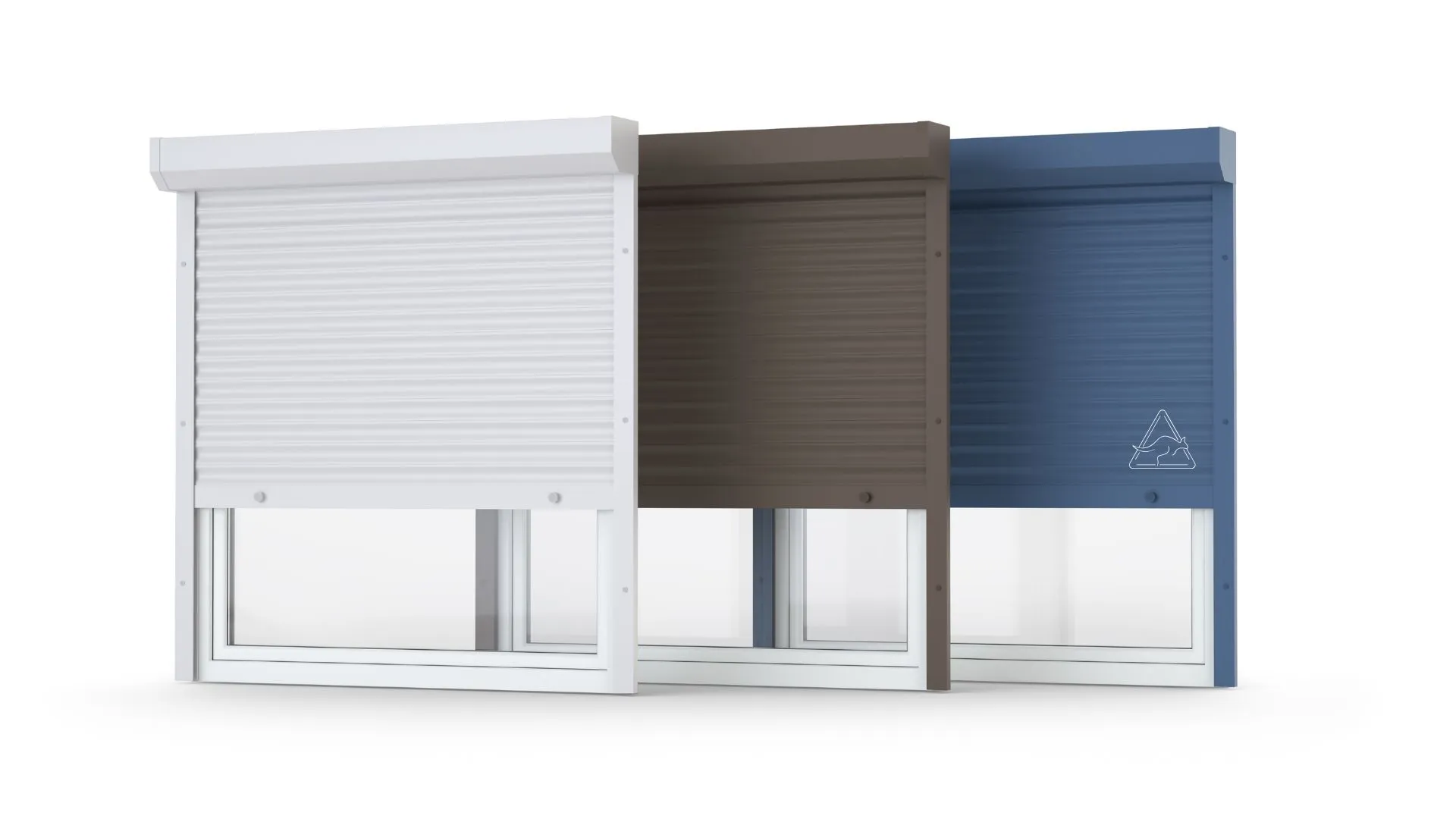 Illustration of three window roller shutters in white, brown and blue